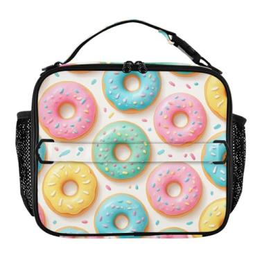Imagem de Lancheira colorida com estampa de donuts bege para mulheres, meninas, lancheira com alça de ombro, masculina, infantil, lancheira para trabalho, escola, estampa animal, bolsa térmica