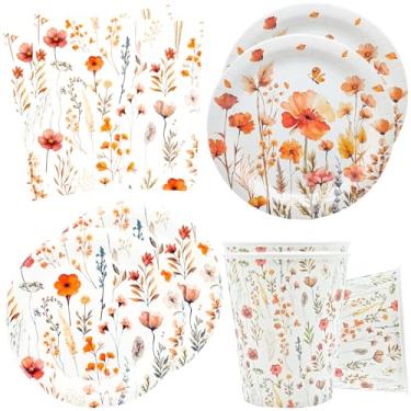 Imagem de 100 peças de artigos de festa de flores silvestres decoração floral de aniversário de casamento inclui pratos de flores silvestres, guardanapos e copos para primavera, verão, piquenique, casamento