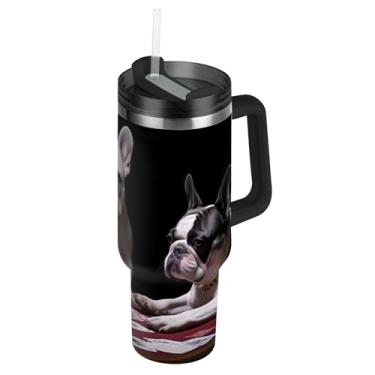Imagem de Joisal Copos engraçados de jogo de buldogue francês com tampas e canudos, garrafas de água isoladas de aço inoxidável, copo com alça de 850 g para mulheres, carros, xícara de café, bebida quente