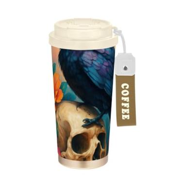 Imagem de TSENQUE Copo de café de 473 ml com tampa de canudo e filp, copo de parede dupla isolado a vácuo com revestimento cerâmico, flores de caveira de corvo preto