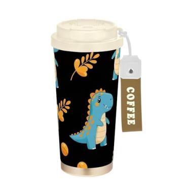 Imagem de TSENQUE Copo de café de 473 ml, copo de café de viagem com revestimento cerâmico com canudo e tampa, copo isolado a vácuo de aço inoxidável, desenho animado azul fofo dinossauro preto