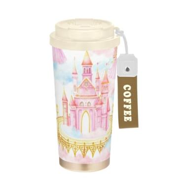 Imagem de Caneca de viagem de café 40 ml com canudo e tampa, copo de parede dupla isolado a vácuo com revestimento cerâmico, castelos de contos de fadas, rosa pastel