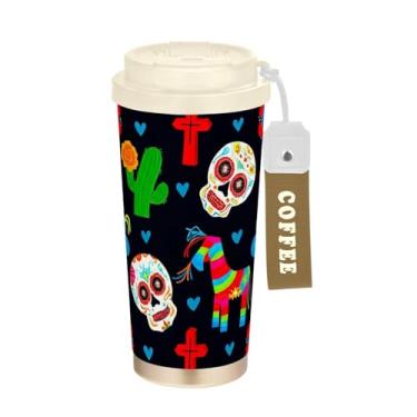 Imagem de TSENQUE Caneca de café de viagem de 473 ml com revestimento cerâmico, copo de café de viagem de aço inoxidável com canudo e tampa de enchimento, copo isolado a vácuo, caveiras coloridas desenho preto