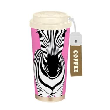 Imagem de TSENQUE Caneca de café rosa com estampa de zebra fofa, 473 ml, copo com canudo e tampa, copos de parede dupla isolados a vácuo com revestimento cerâmico para escritório, escola, festa, acampamento