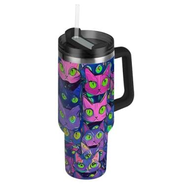Imagem de Copos místicos de gatos fofos e azuis rosa com tampas e canudos, reutilizáveis, copo de 1,134 g com alça, garrafas de água isoladas, garrafa de água de aço inoxidável para copo de carro