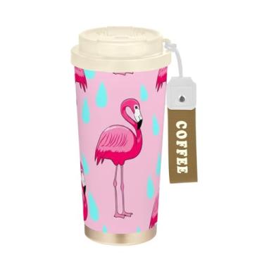Imagem de TSENQUE Flamingos rosa de desenho animado, copo de café de viagem de 473 ml com canudo e tampa, canecas de café de parede dupla isoladas a vácuo com revestimento cerâmico para escola, escritório