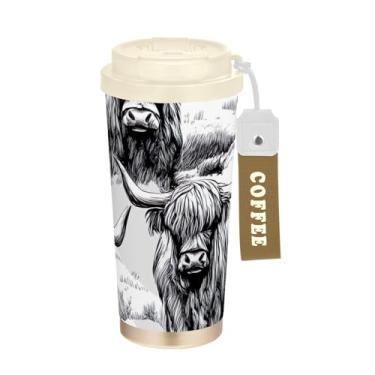 Imagem de TSENQUE Highland Cattle Sketch Animal, Caneca de café de viagem 40 ml com canudo e tampa de filme, copo de parede dupla isolado a vácuo com revestimento cerâmico para escola, escritório, festa