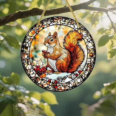 Imagem de Acrílico colorido Suncatcher, vitral, esquilo, azevinho, 18 cm, decoração de parede de janela suspensa com design de vitral impresso, ideia de presente e ornamento de jardim, uso interno e externo