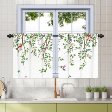 Imagem de Renaiss Cortinas florais de 66 x 91 cm para cozinha, banheiro, sala de jantar, folhas verdes, estampa de flores, escurecimento térmico, quinta, cortinas decorativas para porta de pátio, 2 painéis