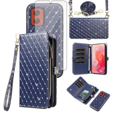 Imagem de Capa de celular para Motorola Moto G Stylus 5G 2024 com zíper carteira destacável com protetor de tela de vidro temperado alça transversal alça flip glitter porta-cartão slot G5 mulheres homens azul