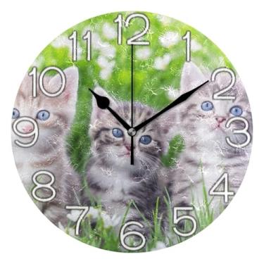 Imagem de GAIGEO Relógio de parede decorativo floral gatinhos de gato fofo analógico escritório cozinha relógio operado por bateria, sala de estar decoração de parede moderna, 25 cm, ponteiros pretos