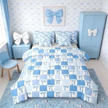 Imagem de Erosebridal Conjunto de cama de princesa com laço de fita de 7 peças, solteiro, quadriculado, com laço, kawaii, geométrico, azul, branco, azul celeste, para crianças, meninas e mulheres