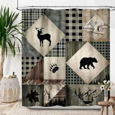 Imagem de Lnepty Cortinas de chuveiro retrô de cabine, rústica, floresta, pousada, urso, veado, alce, animais selvagens, retrô, estilo country, verde, impermeável, conjunto de cortina de banho com ganchos, 182
