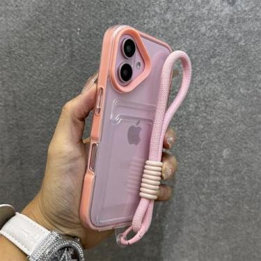 Imagem de Capa tipo carteira de luxo transparente com compartimento para cartão para iPhone 16, 15, 14 Plus, 12, 11, 13 Pro Max, alça de pulso de silicone macio, capa de corda de mão, rosa, para iPhone 12 Pro