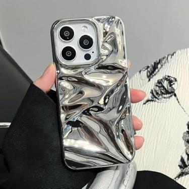Imagem de Capa de celular de luxo prateada com revestimento eletroplástico 3D para iPhone 17 Air 16 15 14 Plus 13 11 12 Pro Max, com textura ondulada e resistente a impactos. Cor: Prata. Compatível com iPhone