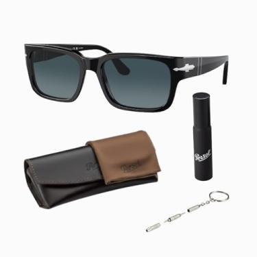 Imagem de Persol Óculos de sol retangulares PO3315S com kit oficial de óculos, Armação preta | Lente azul escuro gradiente azul claro, 58mm