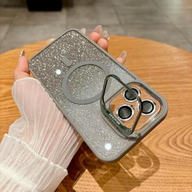 Imagem de HJZSZX Capa de celular luxuosa com suporte magnético e proteção de lente de vidro à prova de choque para iPhone 16 Plus (para iPhone 16 Plus/cinza)