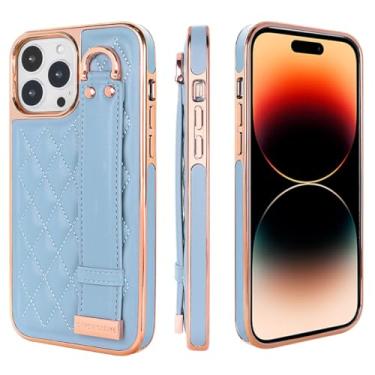 Imagem de IRTGFG Capa de couro bordada de luxo para iPhone 16 Pro, alça de pulso, capa para celular com suporte de anel (para iPhone 16 Pro/azul claro)