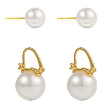 Imagem de KLSURPRISE 2 brincos de pérola elegantes para mulheres – Design moderno banhado a ouro 14K com pérolas de concha brincos de ouro para mulheres, tamanho grande, presente de 12 mm, Large, Cobre, pérolas