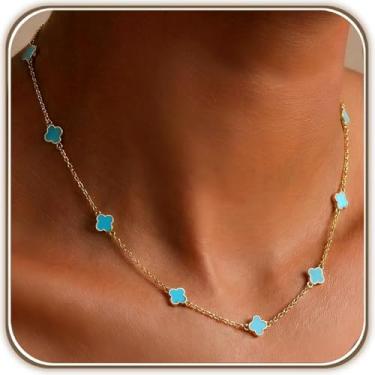 Imagem de Billet-doux Colar de trevos minúsculos banhado a ouro 14K para mulheres – Colar de trevo ciano claro e folha de ouro, joias modernas ajustáveis para presentes