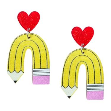 Imagem de TIANBANGSHI Brincos de giz de cera de madeira para mulheres, feitos à mão, engraçado, livro de lápis de maçã, coração, arco-íris, brincos pendentes para professores de volta às aulas, formatura, joias