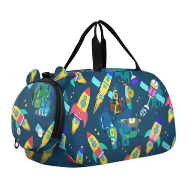 Imagem de Bolsa esportiva para meninos e meninas, floral, verde, laranja, bolsa de viagem com compartimento para sapatos, Espaço azul foguete colorido desenho animado, Clássico