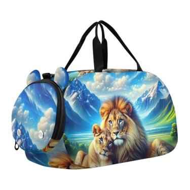 Imagem de Bolsa esportiva para meninos, raposa, guaxinim, aconchegante, noite, fim de semana, bolsas de viagem para academia, bagagem infantil, Majestic Lions Scenic Meadow Print, Clássico