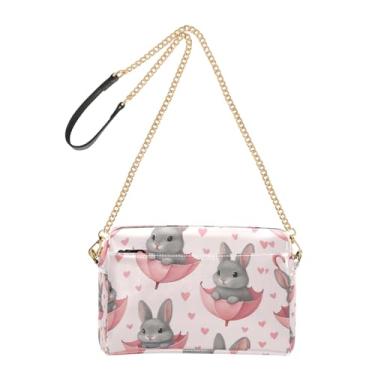 Imagem de Joitme Bolsa feminina transversal fofa cinza coelhinhos rosa pastel bolsa de couro PU bolsa de ombro com alça de corrente