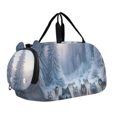 Imagem de Bolsa esportiva de Natal para meninas Highland Cow, bolsa de viagem para fim de semana, compartimento para sapatos noturnos, bolsa esportiva para meninos, Winter Forest Wolves, Clássico