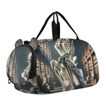 Imagem de Bolsa esportiva para meninos Highland Cow Pink Glasses Overnight Weekender Bolsa de viagem para meninas, skeleton thinker, Clássico