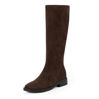 Imagem de Modatope Botas de cano alto femininas bico redondo salto baixo grosso com zíper lateral outono botas altas para mulheres, Camurça chocolate, 35
