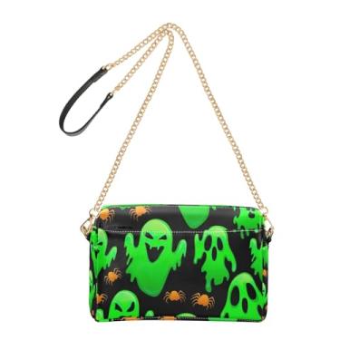 Imagem de Joitme Bolsa tiracolo feminina bolsa de telefone fofa Halloween fantasmas verdes engraçados couro PU alça de corrente