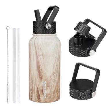 Imagem de BJPKPK Garrafas de água isoladas de 765 g, garrafa de água de aço inoxidável com canudo, garrafas de água com isolamento térmico com 3 tampas, garrafas de água quente e fria para escola - madeira - cinza amarelo