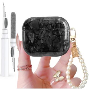 Imagem de Olytop Capa para Airpods 4 com glitter fofo 2024 com caneta limpa, padrão de concha Apple Airpods iPod 4ª geração, capa protetora para meninas e mulheres com chaveiro pérola de luxo, preto