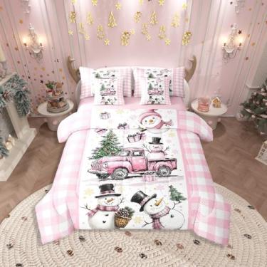 Imagem de Erosebridal Conjunto de edredom de Natal rosa e branco, 7 peças, fofo, boneco de neve, para crianças, meninas, buffalo, xadrez, floco de neve, conjunto de lençol com lençol de Natal