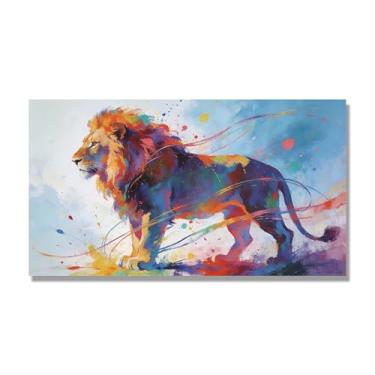 Imagem de NHLDZYH Arte abstrata de respingos de leão, pintura colorida de animais em tela, decoração de parede expressiva moderna para sala de estar ou escritório. A120. 50 x 90 cm - 19,7 x 35,5 pol. Somente