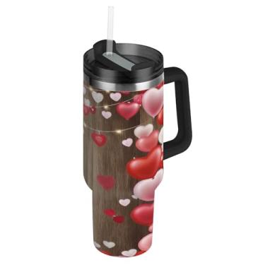 Imagem de ATTX Copo de coração vermelho rosa de 1,134 g com alça, copo de aço inoxidável a vácuo de parede dupla com palha, caneca de café de viagem isolada #413