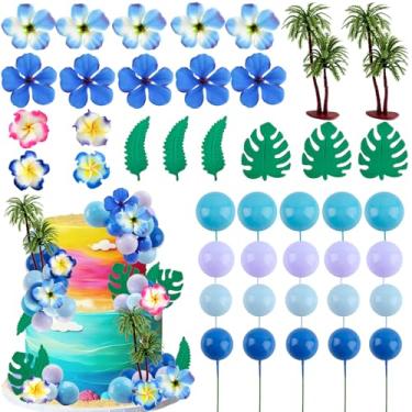 Imagem de Morofme 42pcs Hawaiian Cake Topper Tropical Flowers Cake Decorations Blue Flower Ball Cupcake Toppers Coconut Tree Palm Leaves Cupcake Decor for Summer Luau Themed Beach Birthday Party Supplies
