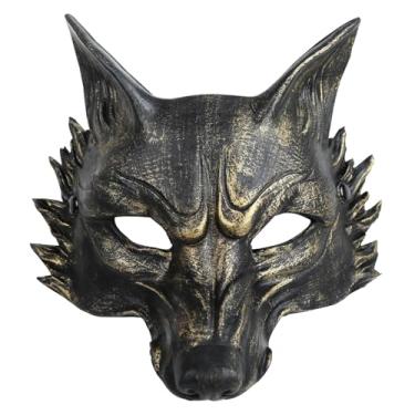 Imagem de VZQI Máscara de lobo adulto Halloween lobisomem máscara masculina fantasia de lobo animal baile de máscaras meio rosto dourado