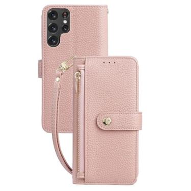 Imagem de LTLMYDAM Capa de couro para Samsung Galaxy S26 Ultra/S26 Plus/S26, compartimentos para cartão com zíper, capa de textura de lichia com suporte flip para homens e mulheres, rosa, S26 Ultra