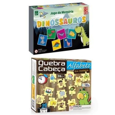 Imagem de Jogo da Memoria Dinossauros + Quebra Cabeça em Madeira O Alfabeto - Pa