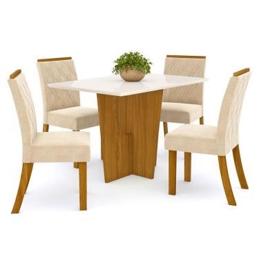 Imagem de Mesa De Jantar Danielly 120 Cm Tampo Reto Com Vidro Nature Off White E 4 Cadeiras Vita Linho - Henn