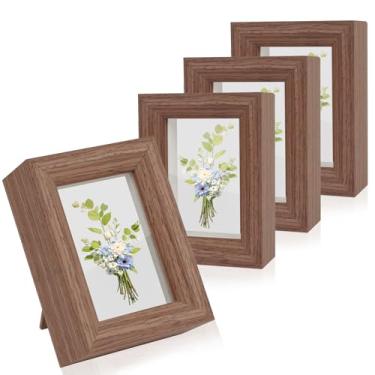 Imagem de Himitimi Conjunto de 4 mini porta-retratos 5 x 7, porta-retratos tamanho carteira, moldura pequena de madeira com capa de vidro real para exibição de mesa de fazenda, marrom rústico