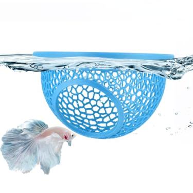 Imagem de sicutoz Blue Floating Betta Hide & Shrimp Cave: Rede de aquário 3 em 1, alimentador e local de descanso para peixes Betta, camarão e peixes pequenos | PLA ecológico