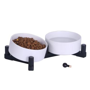 Imagem de Conjunto de tigelas de cerâmica para cães e gatos com suporte de madeira, tigelas de água e ração para animais de estimação com peso antiderrapante, alimentador duplo elevado para cães pequenos e