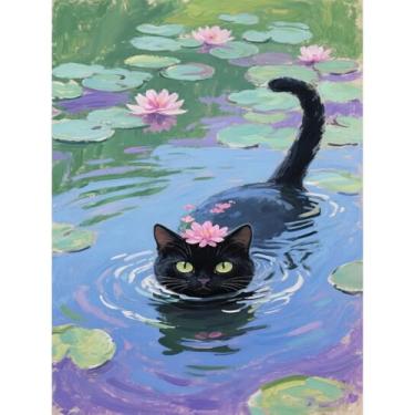 Imagem de Pintura de gato por números para adultos, gato com lírio d'água na cabeça, pintura por número para adultos iniciantes, tinta acrílica fácil por número em tela para relaxar e decoração de parede de