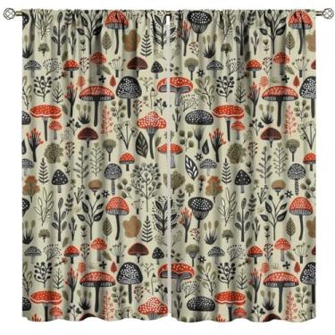 Imagem de Cortina de cogumelo vintage, estampa retrô florestal natural de cogumelo, quarto, sala de estar, cozinha, janela, tratamento de 2 painéis, total de 106,7 cm L x 160 cm C