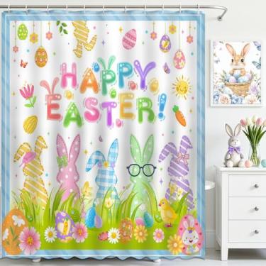 Imagem de Mocsicka Cortina de chuveiro Happy Easter Cute Bunny Peeps Easter Rabbit Cortina de chuveiro de primavera cortina de chuveiro decoração de banheira com 12 ganchos 182 x 182 centímetros
