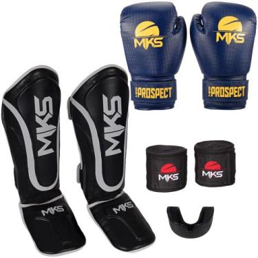 Imagem de Luva Muay Thai Prospect Azul/Amarela + Caneleira Muay Thai Prospect Pr