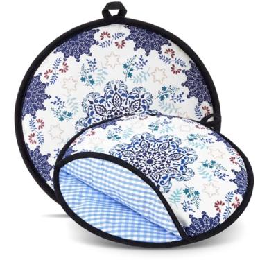 Imagem de Honeydak 2 peças, bolsa para aquecedor de tortilha de 30,5 cm para micro-ondas, bolsa de tecido isolada, suporte de tortilha mantém quente para tortillas tacos naan e pizzas (Talavera Azul)